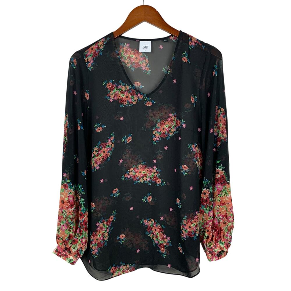 Cabi Blooming Blouse Sheer Black Floral Top Long Balloon Sleeves 3594 Women's S
